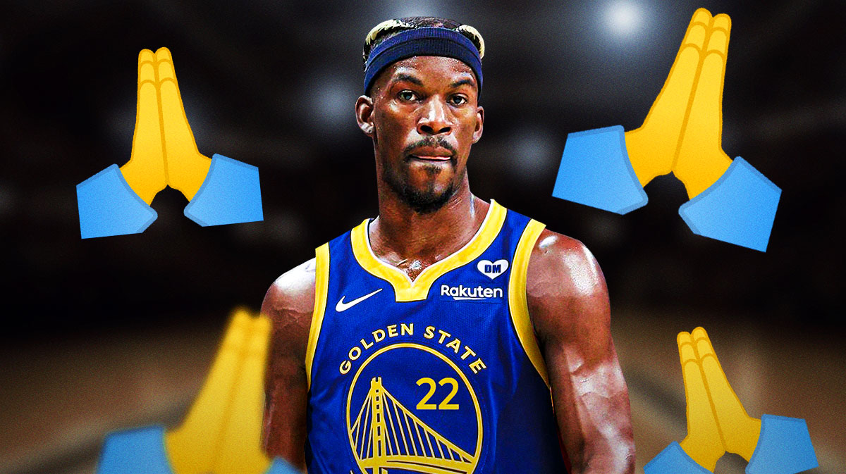 Jimmy Butler in a Warriors jersey with prayer hands around the picture.