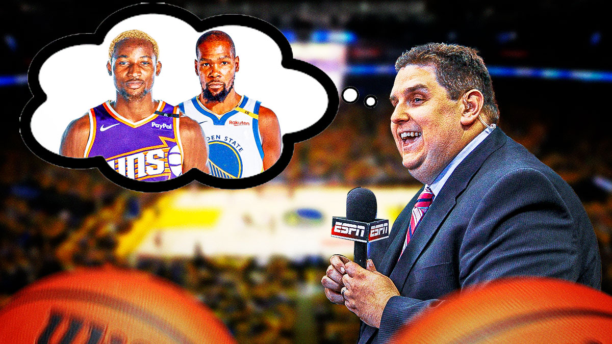 Brian Windhorst with a thought bubble of Jonathan Kuminga in a Phoenix Suns jersey, and Kevin Durant in a Golden State Warriors jersey, with question marks around Windhorst