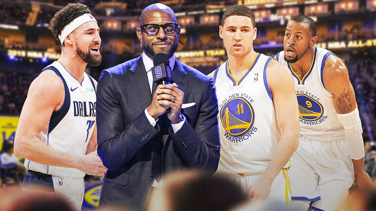 Mavericks’ Klay Thompson smiling at Andre Iguodala (current in suit), with pic of Thompson and Iguodala together in Warriors jersey beside them (2017 version)