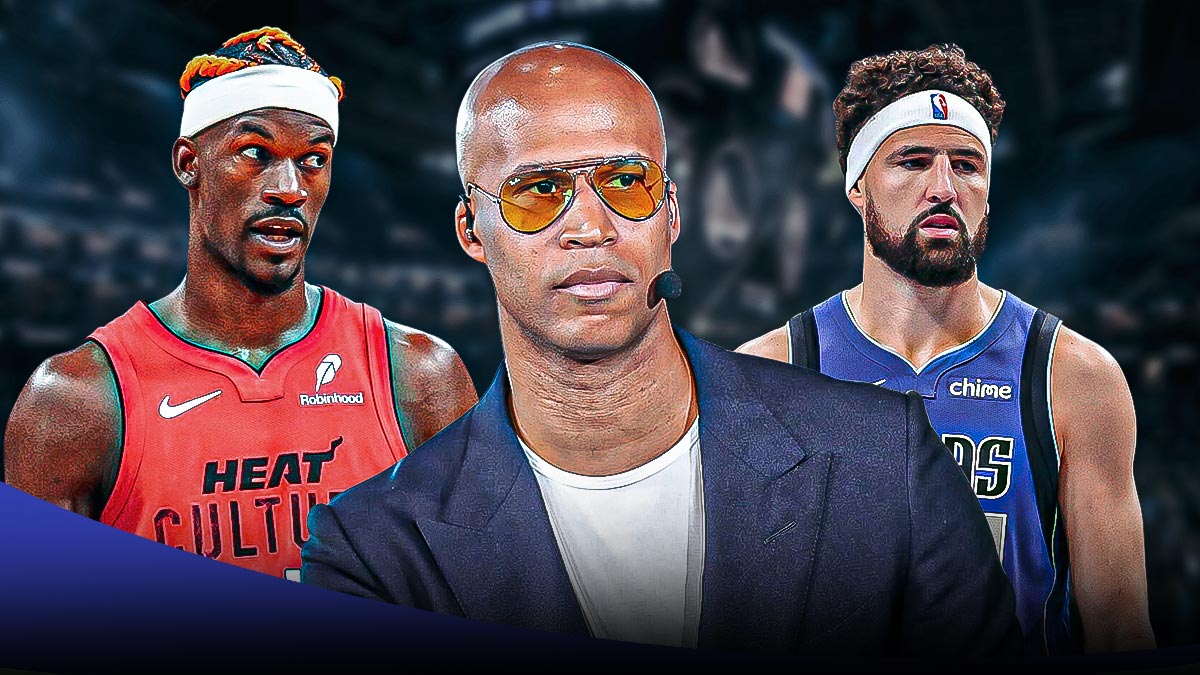 Former Golden State Warriors star Richard Jefferson in the middle with Jimmy Butler and Klay Thompson on either side in front of the Chase Center.