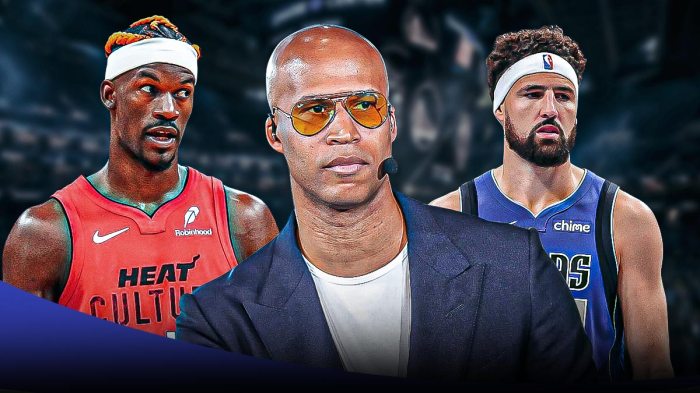 Former Golden State Warriors star Richard Jefferson in the middle with Jimmy Butler and Klay Thompson on either side in front of the Chase Center.