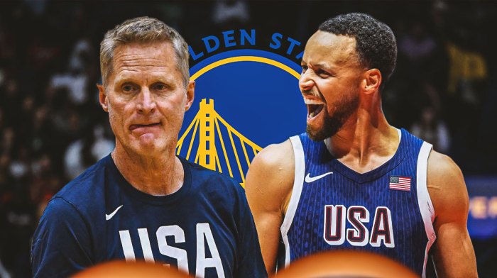 Steve Kerr and Stephen Curry in USA Basketball gear looking hyped, with a background of the Warriors logo.