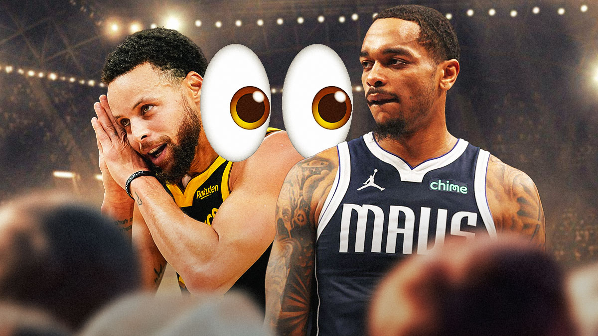 Image of Warriors Stephen Curry doing "night night celebration" next to image of Mavs PJ Washington looking upset/sad. Eyes emoji next to him