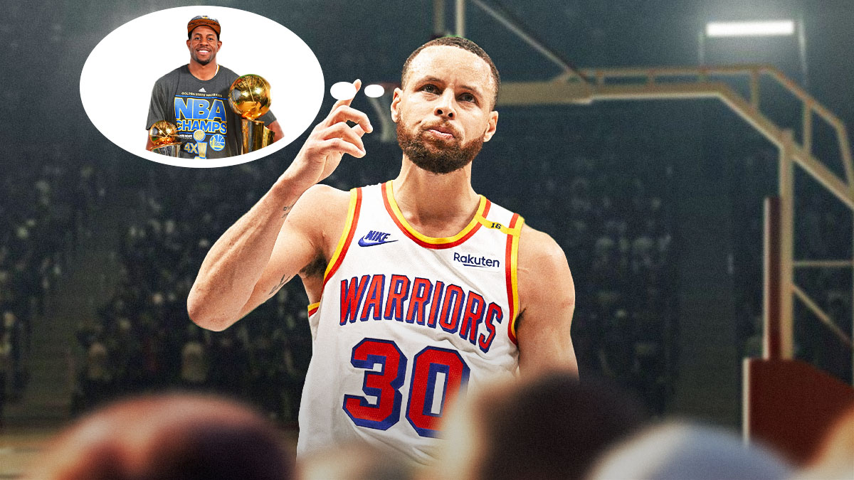 Warriors' Stephen Curry with thought bubble containing image of Andre Iguodala winning NBA Finals MVP in 2015