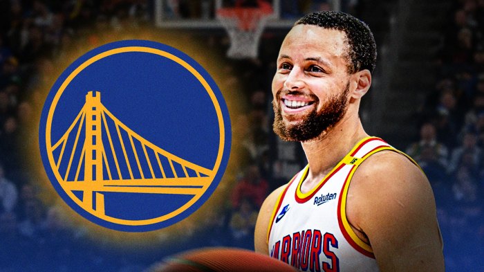 Warriors' Stephen Curry smiling with a Warriors logo next to him