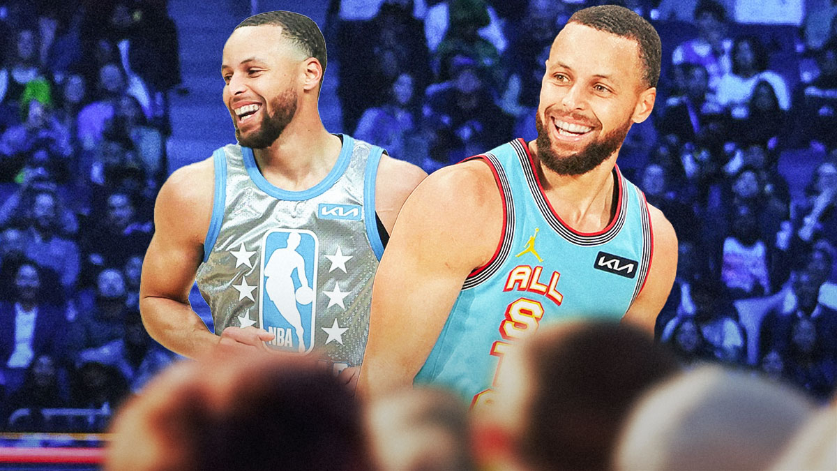 Warriors' Stephen Curry smiling while wearing 2025 All-Star uniform, with 2022 All-Star version of Curry on the side