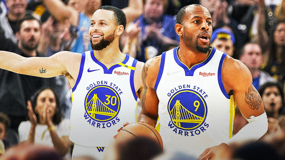 Golden State Warriors player Stephen Curry alongside NBA player Andre Iguodala in his Golden State Warriors jersey. Have the Warriors arena in the background jersey retirement