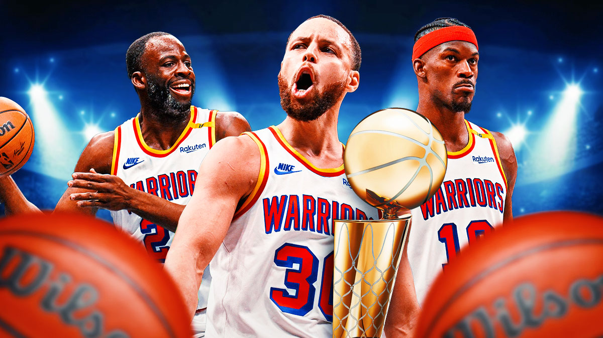 Golden State Warriors stars Stephen Curry, Draymond Green and Jimmy Butler with the Larry O'Brien Trophy