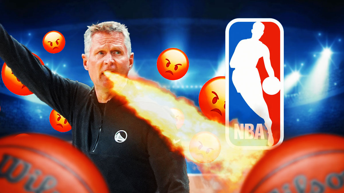 Steve Kerr breathing fire with angry emojis around him. NBA logo.