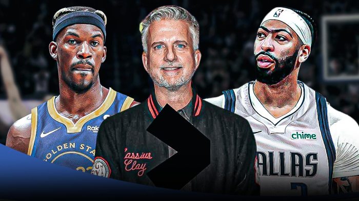 Bill Simmons holding a greater than sign, with Warriors' Jimmy Butler on the left and Mavericks' Anthony Davis on the right