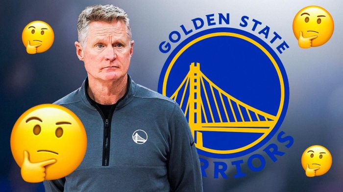 Steve Kerr in the center, the Warriors logo in the background, and thinking emojis all around him.