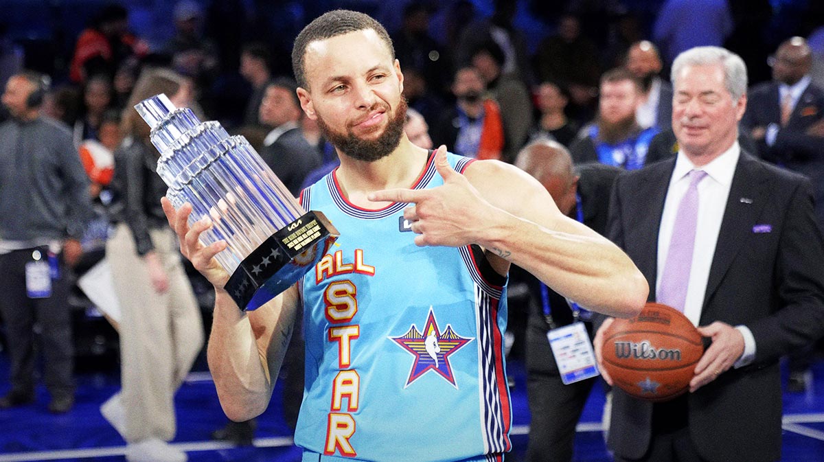 Shaq’s OGs guard Stephen Curry (30) of the Golden State Warriors celebrates with the MVP trophy after defeating Chuck’s Global Stars during the 2025 NBA All Star Game at Chase Center