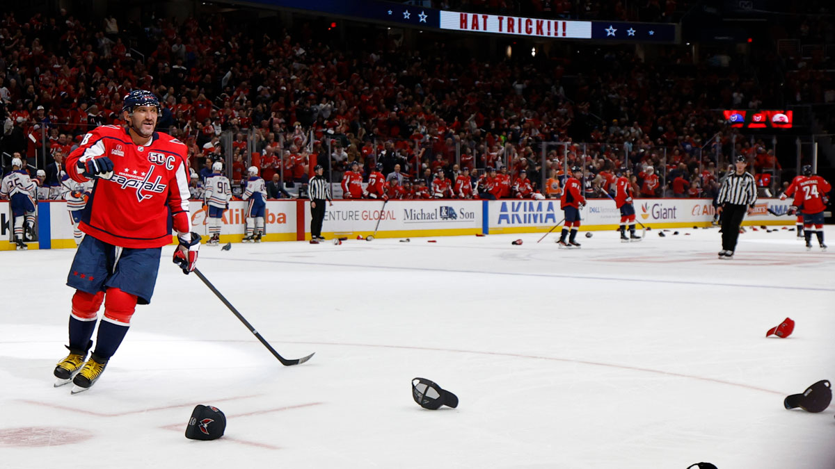 Washington Capitals left wing Alex Ovechkin (8) celebrates after scoring a hat trick goal against the Edmonton Oilers in the third period at Capital One Arena. 