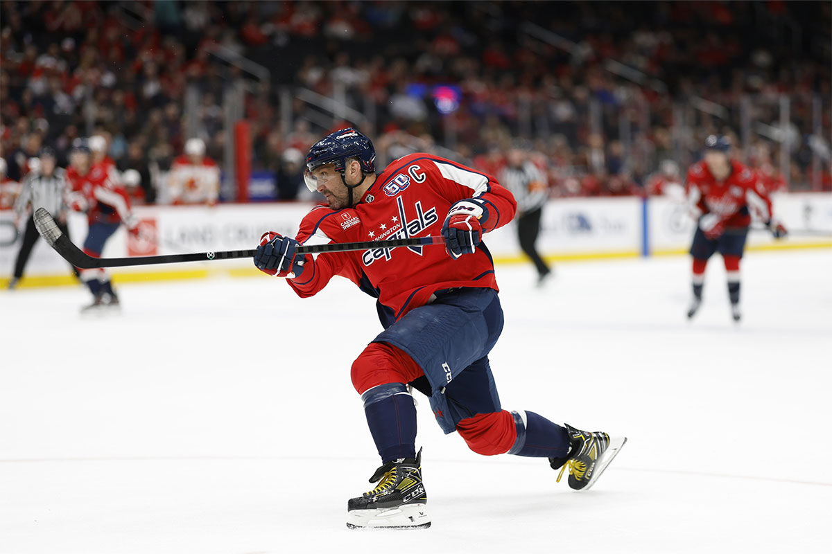 Washington Capitals left wing Alex Ovechkin (8) shoots the puck against the Calgary Flames in the third period at Capital One Arena.