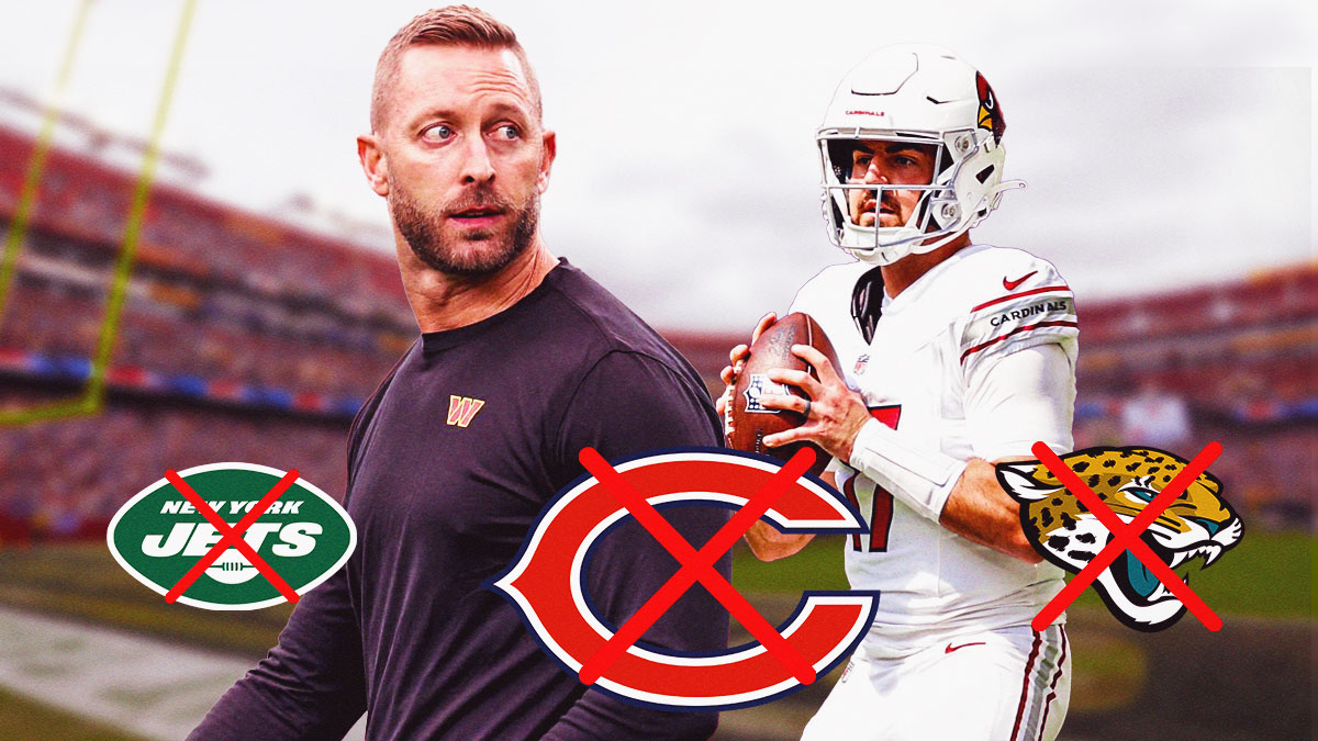 Washington Commanders coaches David Blough and Kliff Kingsbury with Jets, Bears and Jaguars logos each with a red X through them.