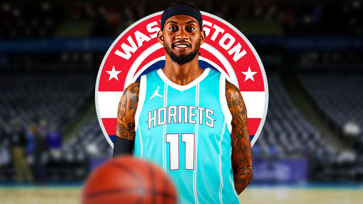 G-League Go-Go Jalen McDaniels in Charlotte Hornets uniform. Washington Wizards roster logo in background