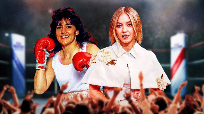 Christy Martin and the star of her biopic movie, Sydney Sweeney, in boxing ring.