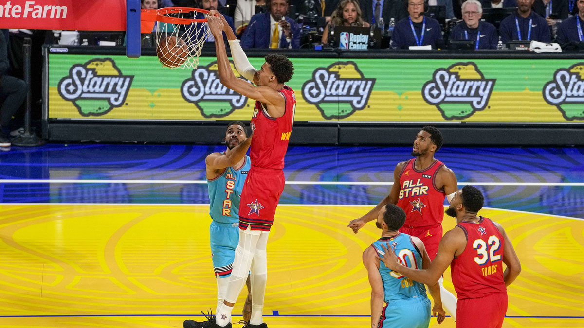 Chuck's global stars Next Victor Vigbania (1) San Antonio Spurs shoot against Shak's OGS forward Jaison Tatum (0) Boston Celtics during 2025 NBA All Star Games in Chase Center.