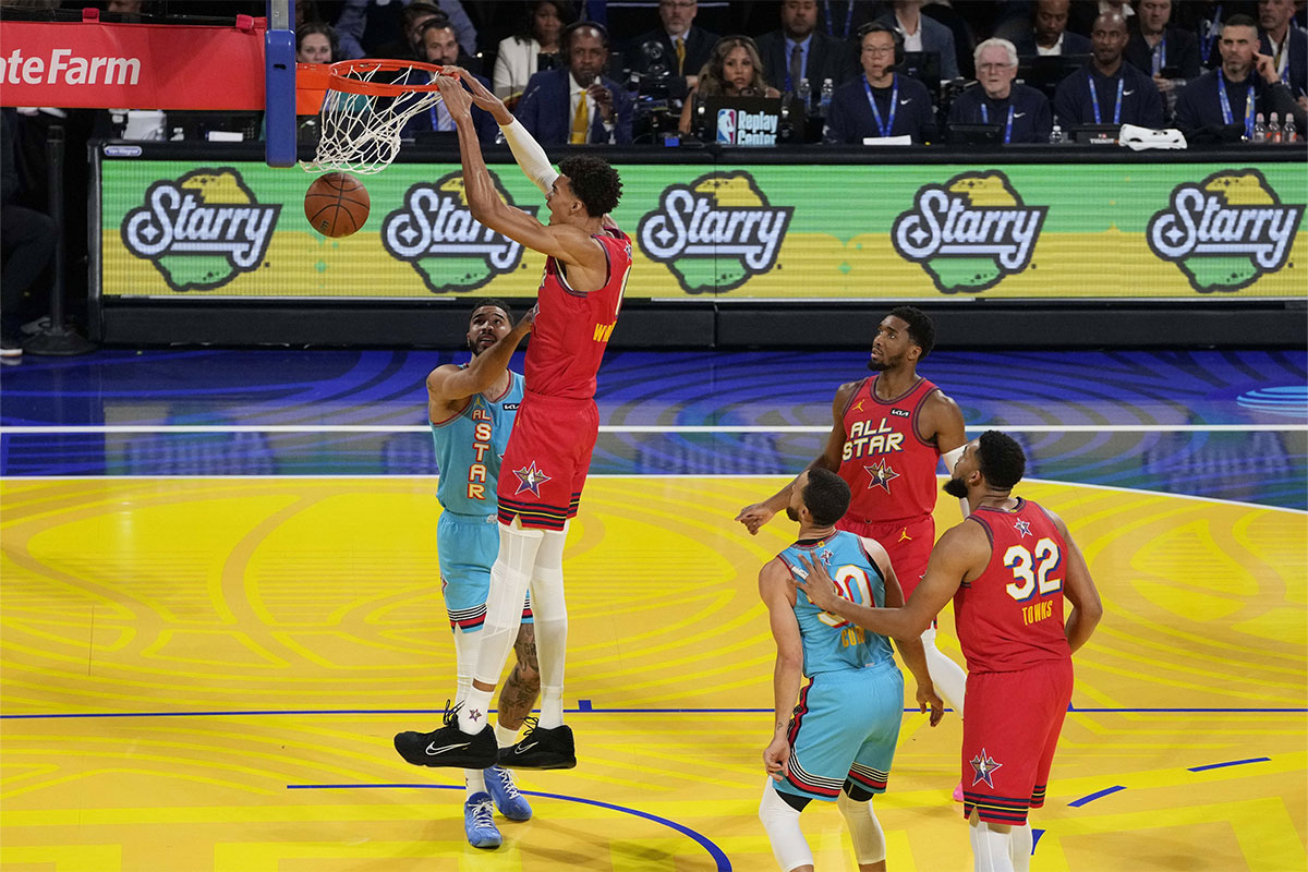 Huck Global Stars Next Victor Vembaniams (1) San Antonio Spurs shoot against Shak's OGS forward Jaison Tatum (0) Boston Celtics during 2025 NBA All Star Games in Chese Center.