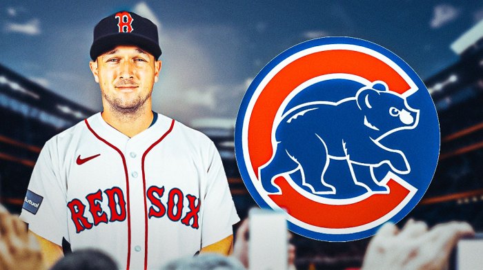 Alex Bregman with Red Sox. Next to Cubs logo
