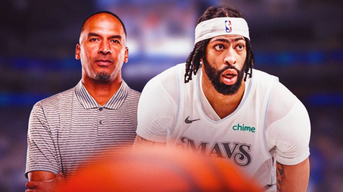 Nico Harrison, Anthony Davis in a Mavericks uniform.