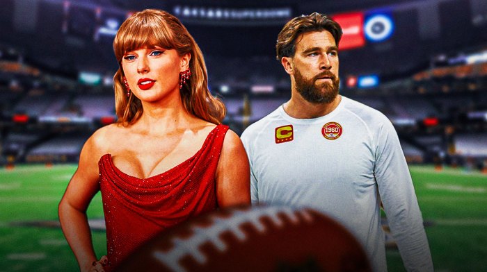 Taylor Swift next to Kansas City Chiefs tight end Travis Kelce, who lost Super Bowl 59 to the Philadelphia Eagles, with Caesars Superdome background.