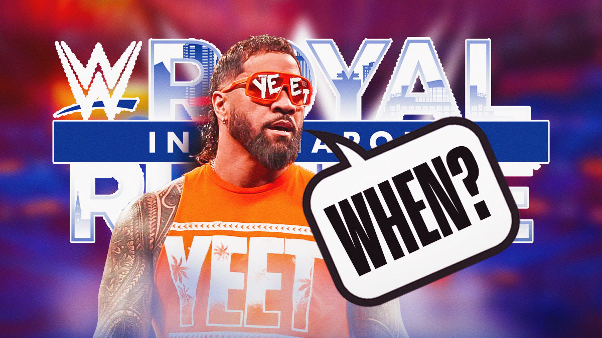 Jey Uso with a text bubble reading "When?" in front of the 2025 Royal Rumble logo.