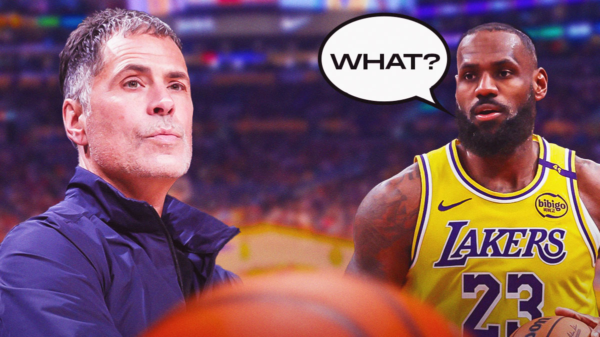 LeBron James with a text bubble reading "What?" next to Rob Pelinka on the Lakers court.
