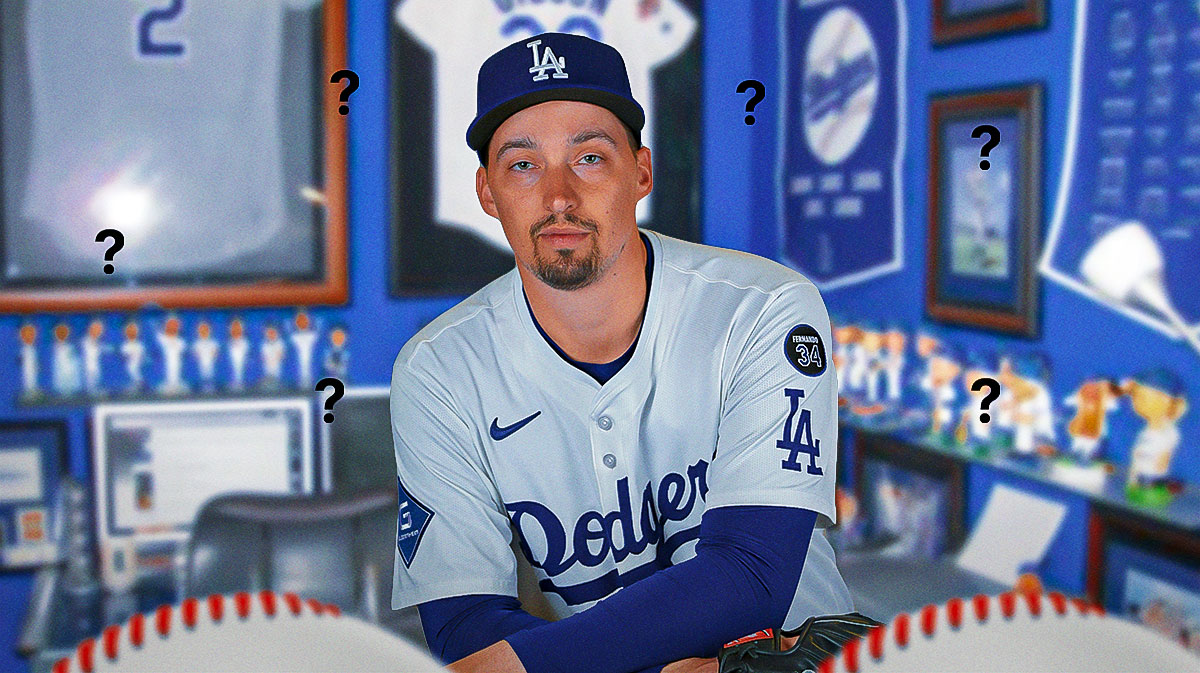 Photo: Blake Snell in Dodgers jersey with question marks above him
