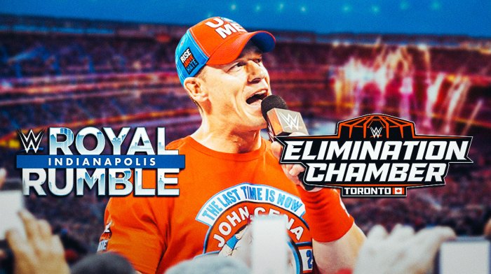 WWE star John Cena, who is on his farewell tour, with 22025 Royal Rumble and Elimination Chamber logos and WrestleMania background.