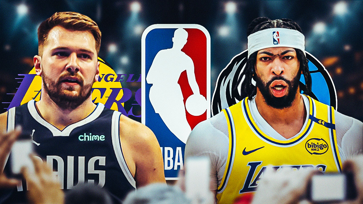 Luka Doncic and a logo for the Los Angeles Lakers on one side of the image. Anthony Davis and a logo for the Dallas Mavericks on the other side of the image. In the middle is a logo for the NBA.