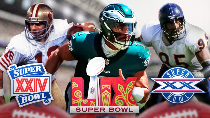 In the middle is Jalen Hurts and Super Bowl 59 logo. To the left is Joe Montana (49ers) and Super Bowl XXIV logo. To the right is Richard Dent (Bears) and Super Bowl XX logo.