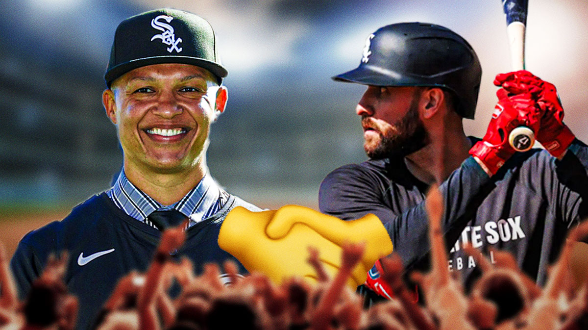 White Sox second baseman Joey Gallo shaking hands with manager Will Venable and silhouettes of fans around them.