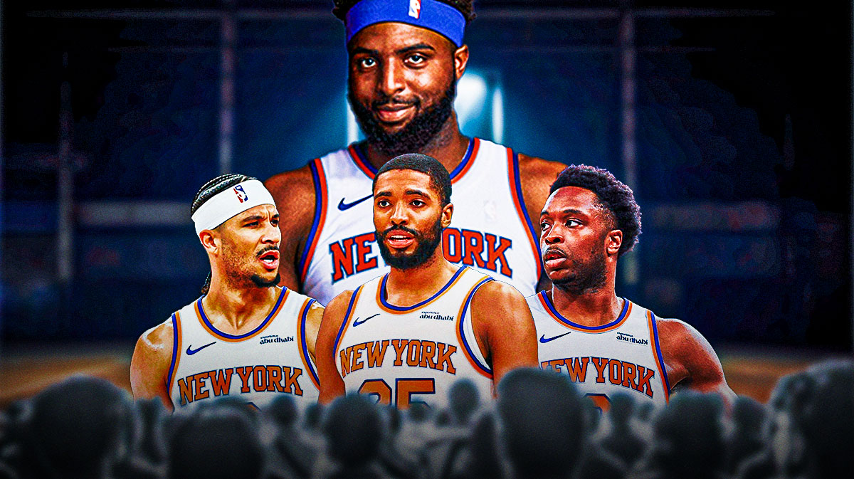 Knicks' Mitchell Robinson at the top of the image with a devious smile looking down at Josh Hart, OG Anunoby, and Mikal Bridges — all of whom are making a confused face/gesture