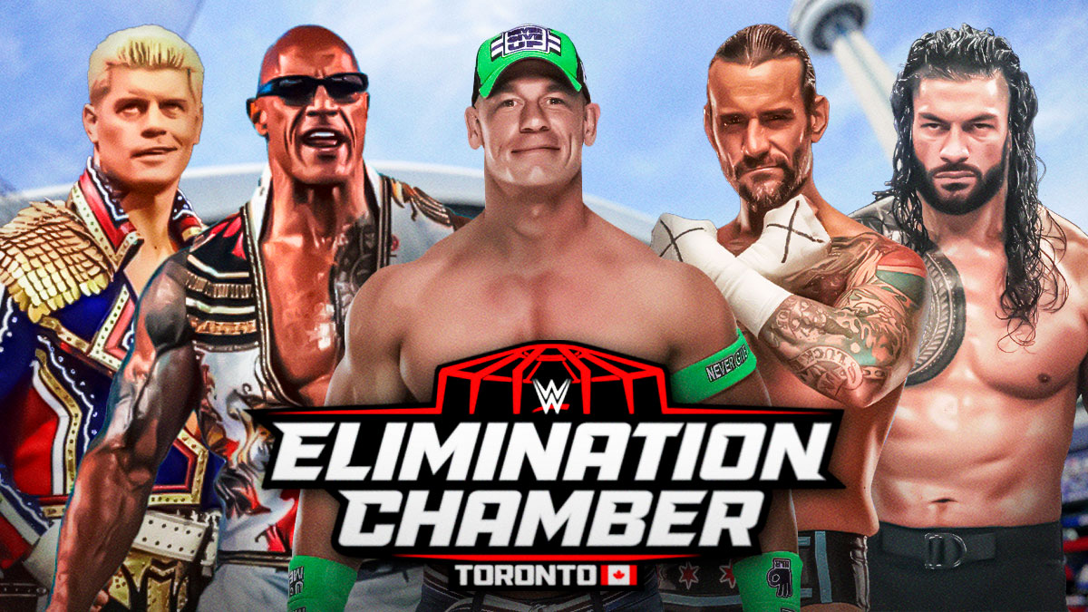 WWE 2025 Elimination Chamber logo and Superstars Cody Rhodes, Dwayne The Rock Johnson, John Cena, CM Punk, and Roman Reigns with Rogers Centre, where the PLE will take place, in background.