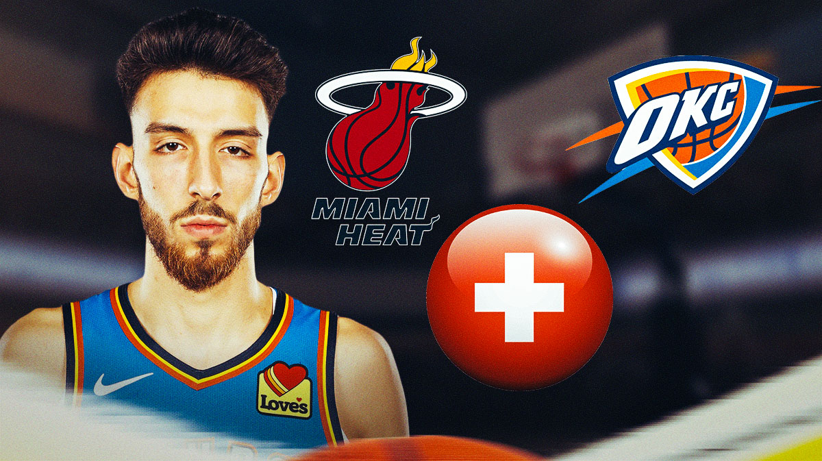 Thunder forward Chet Holmgren next to the Heat logo with the Thunder logo and a health symbol in the background