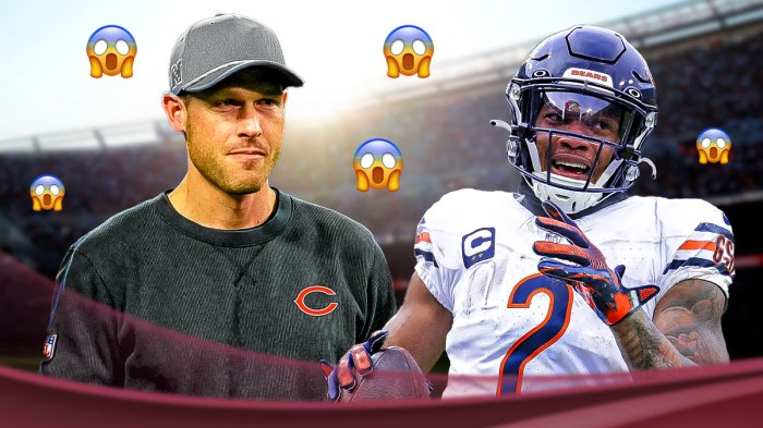 DJ Moore in a Chicago Bears uniform and Bears coach Ben Johnson with screaming in fear emojis.