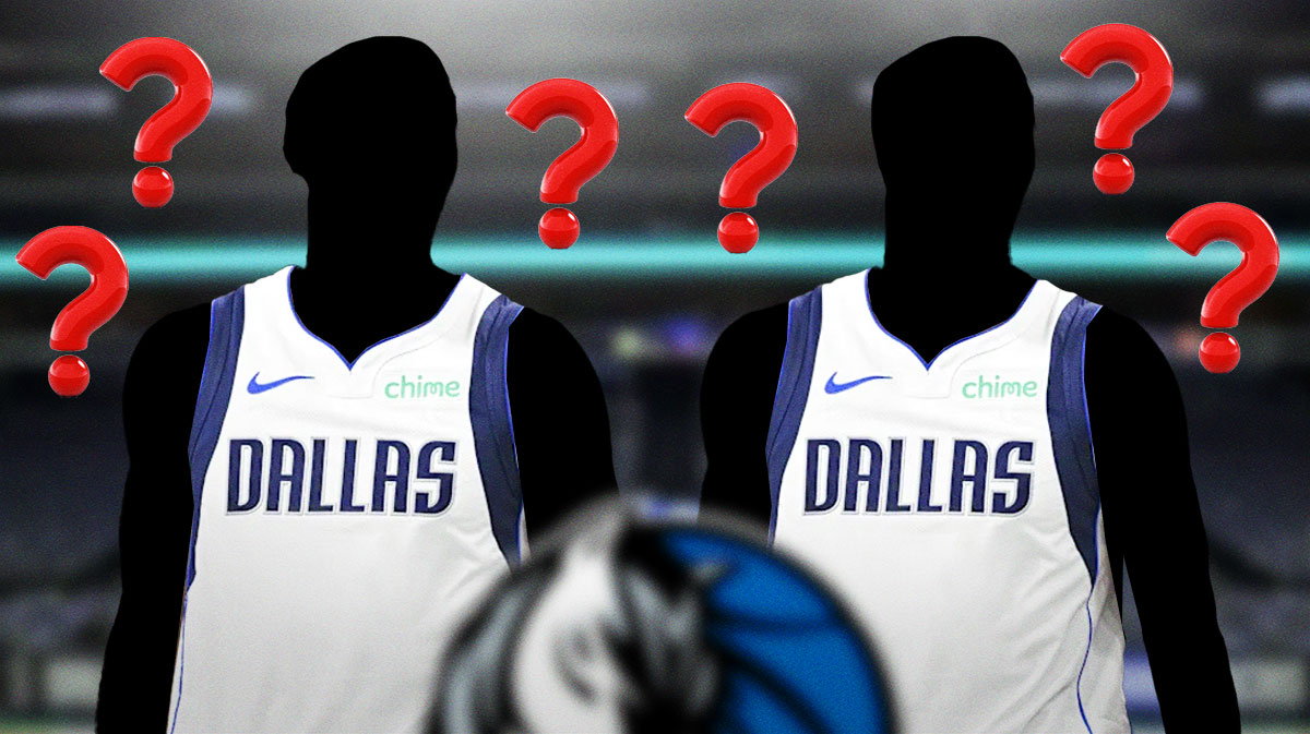 Two mystery players in Mavs jerseys with question marks surrounding the picture.