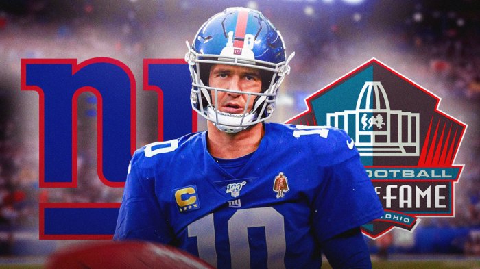 Image of Giants Eli Manning looking sad next to a logo of the NFL Hall of Fame. Giants image in background