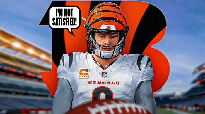 Cincinnati Bengals QB Joe Burrow with a speech bubble that says "I'm not satisfied!" There is also a logo for the Cincinnati Bengals.