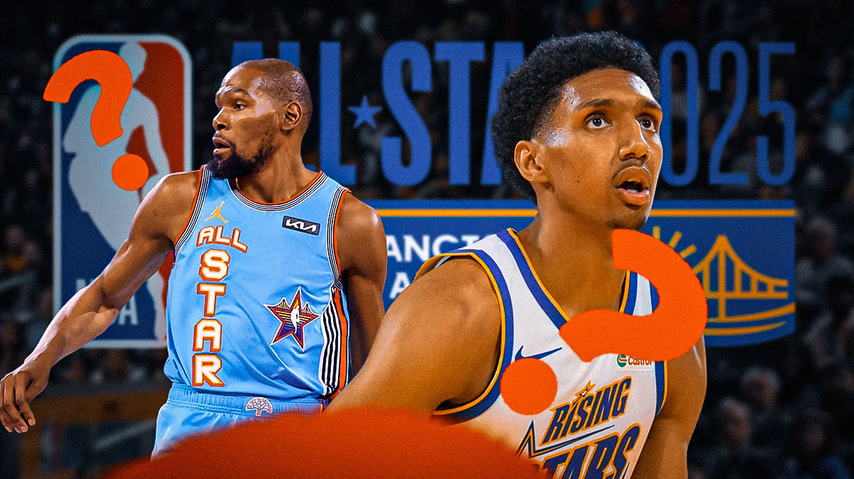 Kevin Durant smiling, with Suns rookie Ryan Dunn, in an All-Star Game jersey and the All-Star Game logo around him. There's also question marks around Dunn too.