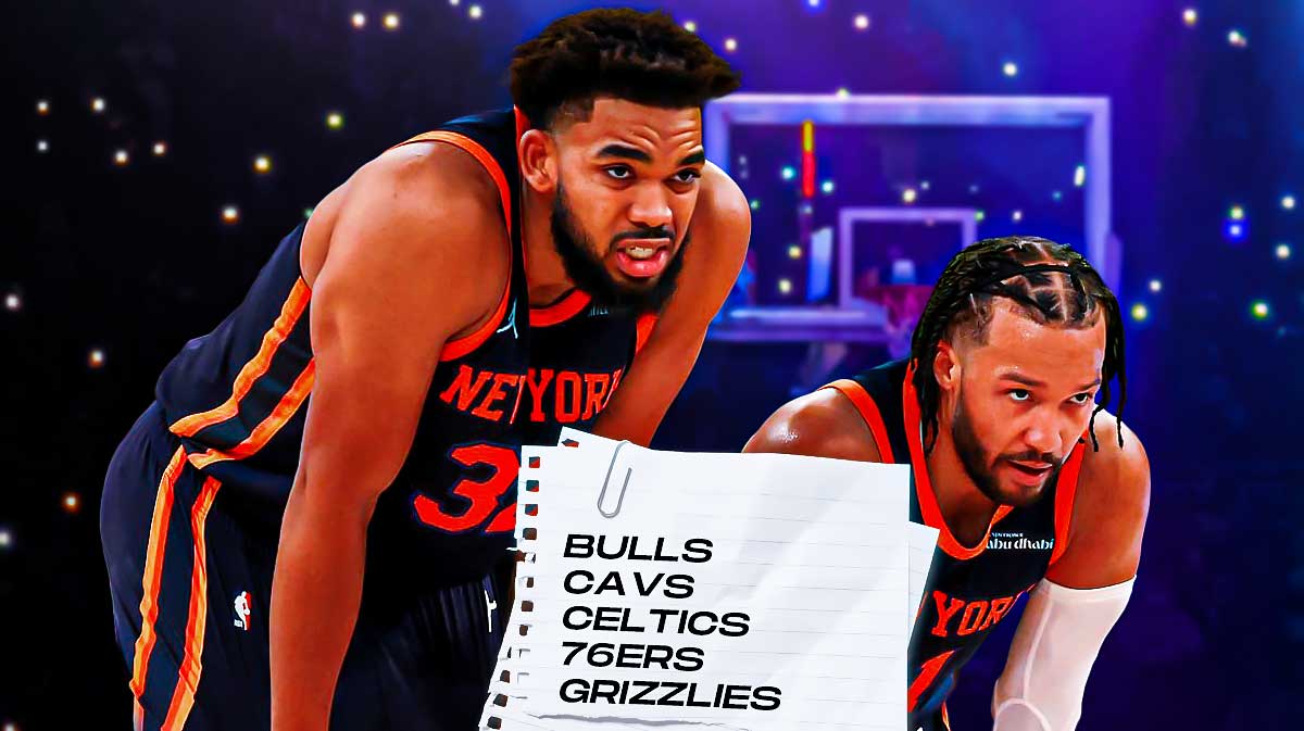 Knicks' Jalen Brunson and Karl-Anthony Towns both looking down at a piece of paper photoshopped in with the Bulls, Cavs, Celtics, 76ers, and Grizzlies written on the paper with the word "Schedule" at the top it.