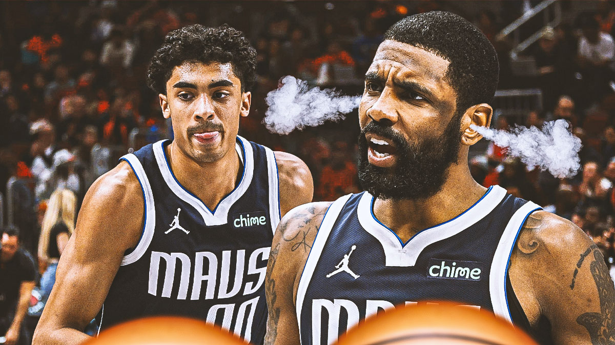 Mavericks Kyrie Irving with smoke coming out of his ears and looking serious on left. Mavericks Max Christie looking serious on right.
