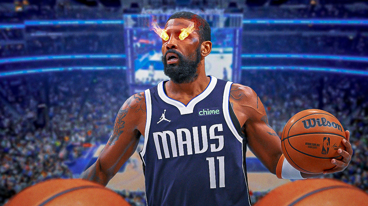 Mavericks Kyrie Irving holding a basketball. Place fire in his eyes.