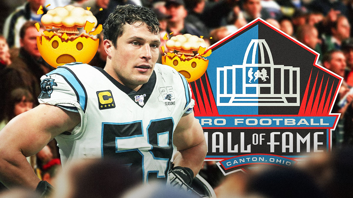 Former Panthers LB Luke Kuechly looking upset/sad with Pro Football Hall of Fame logo in background. Fans looking mad in background. Multiple 🤯 emojis in background.