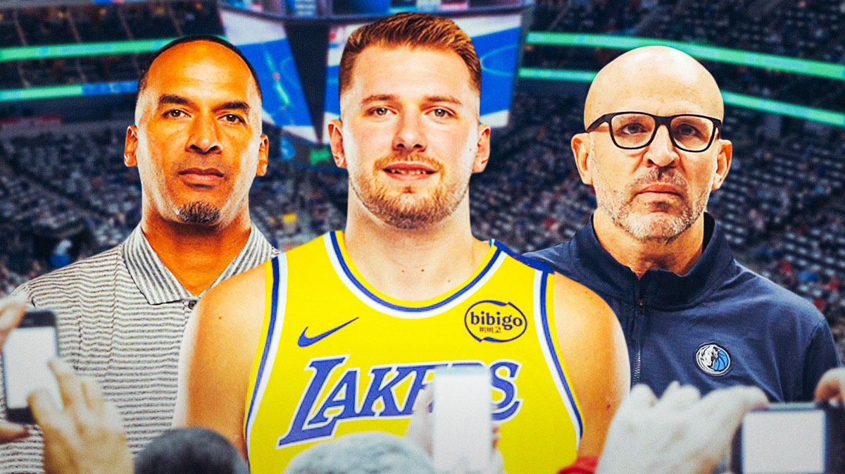 Mavericks Nico Harrison on left, Mavericks Jason Kidd on right. Lakers Luka Doncic in front and in the middle. Mavericks fans at the American Airlines Center in background looking upset.