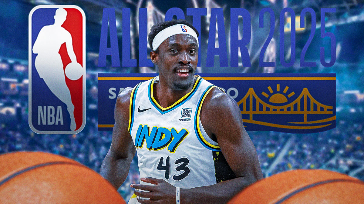 Pacers Pascal Siakam (left) and the Oakland Arena (right) with 2025 NBA All-Star logo (center) after Raptors championsip