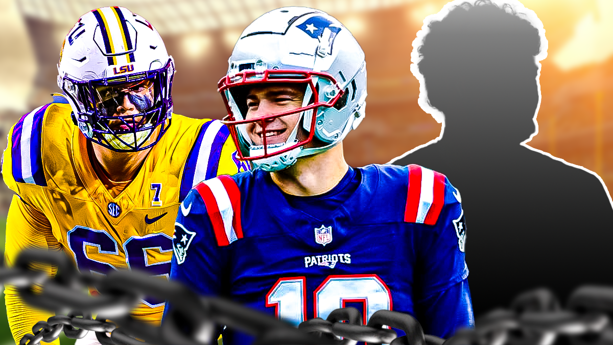 Drake Maye with Will Campbell on his left and the blacked-out silhouette of Mason Graham on the right in front of the Patriots stadium.