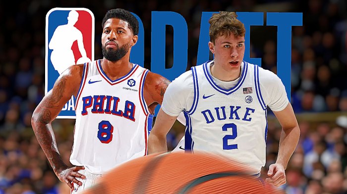 Cooper Flagg, Paul George, Ace Bailey, Dylan Harper, NBA Draft, Paul George and Cooper Flagg with NBA Draft logo on graphic, basketball background