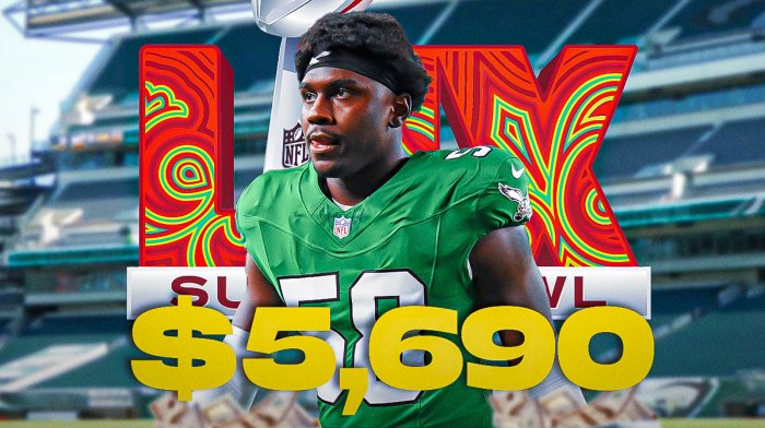 Eagles OLB Jalyx Hunt looking mad/angry. "$5,690" in front of him. Super Bowl LIX logo in background. Background is Caesars Superdome.